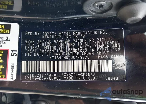 2018 Toyota Camry Le from USA, damaged, VIN 4T1B11HK2JU148576